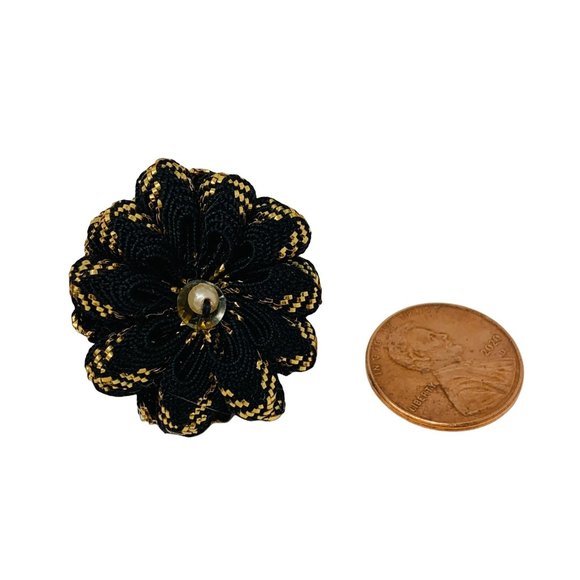 Vintage Fabric Floral Black Gold Screw Back Earrings - Picture 3 of 4